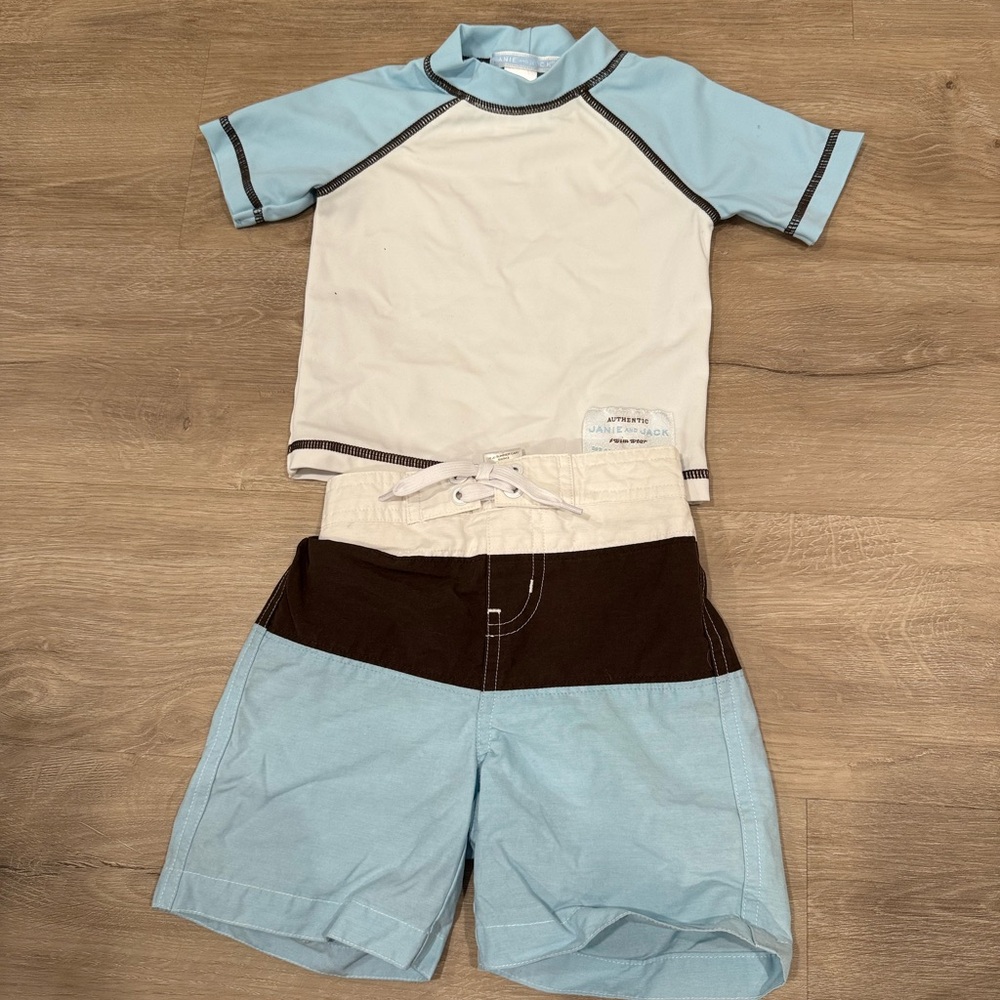 Janie and Jack Blue and Brown Kids Swim Rashguard